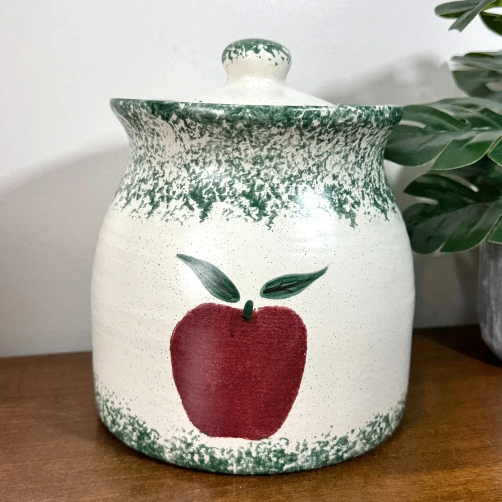 Vintage 80s Apple Cookie Jar Canister Large Size Green Spongeware Ceramic Signed